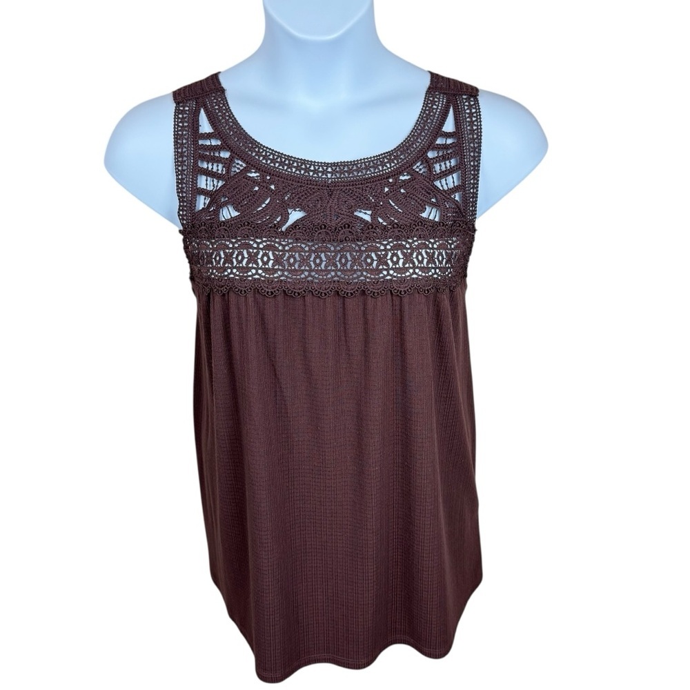 Torrid Deep Mahogany Texture Jersey Crew Neck Lace Yoke Swing Tank Size 1X - Picture 4 of 15